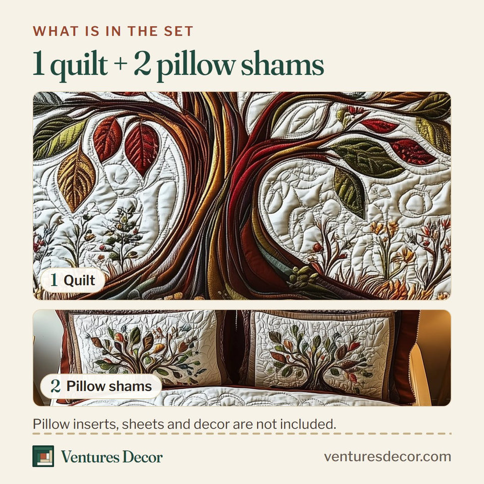 What is in the set: one quilt and two pillow shams, shown in the Tree Of Life Ivory Quilt Red Border design