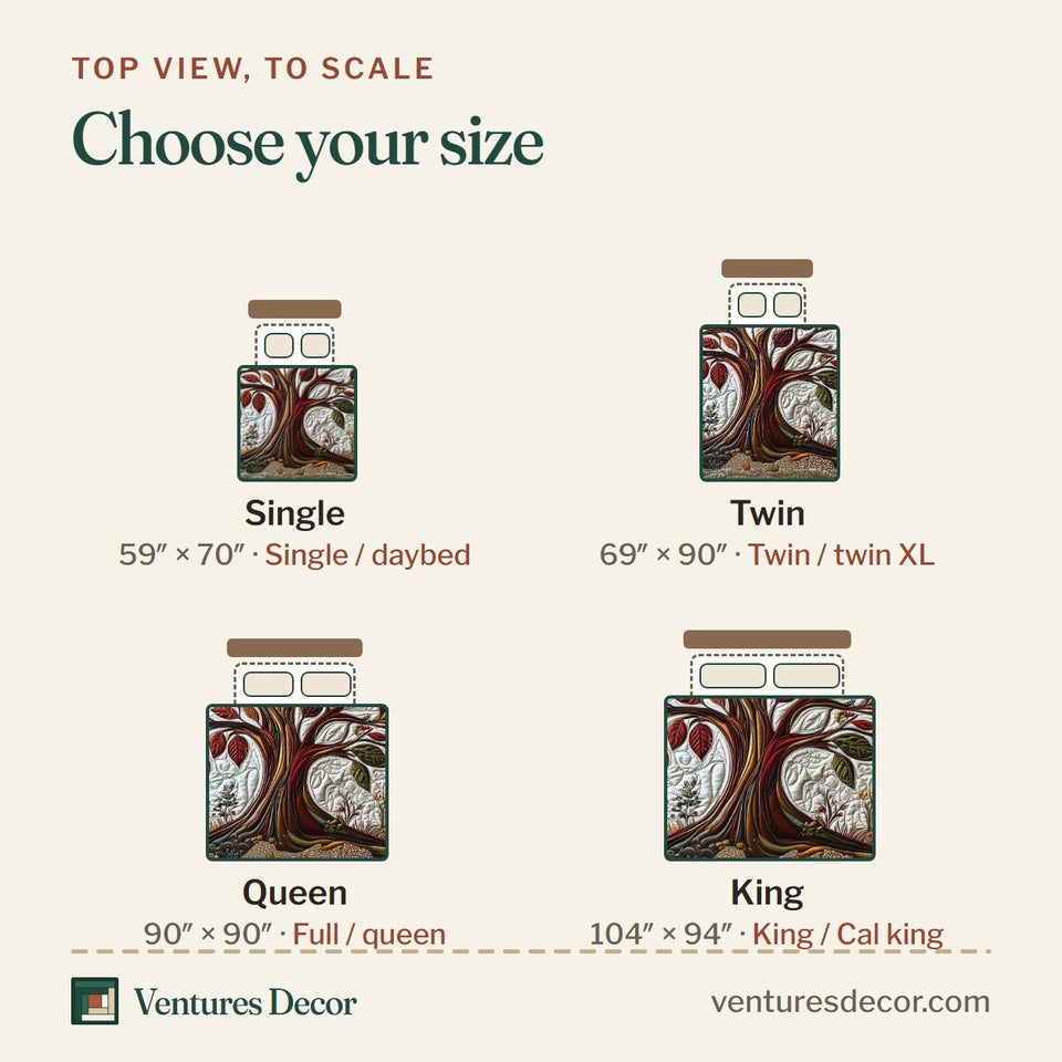 Size guide for the Tree Of Life Ivory Quilt Red Border quilt, top view to scale: Single 59 x 70 in, Twin 69 x 90 in, Queen 90 x 90 in, King 104 x 94 in