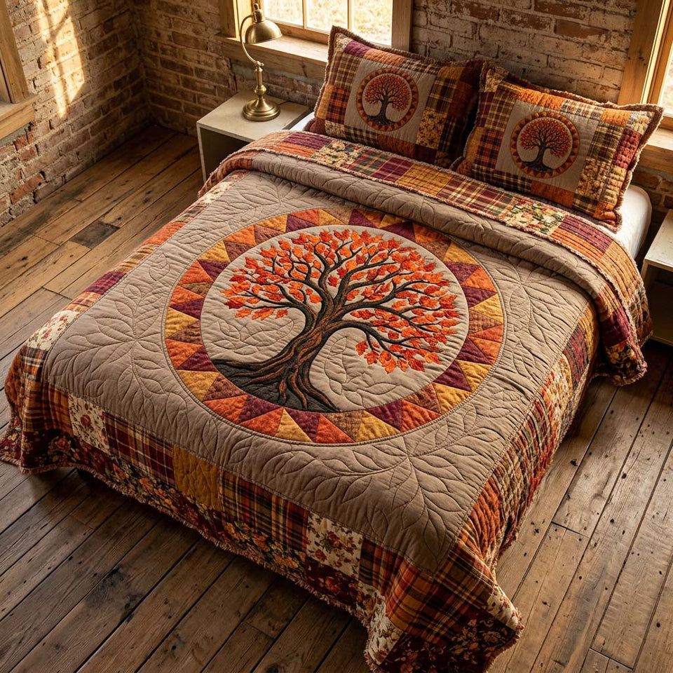 Tree Of Life Rust Plaid Patchwork Sunset Circle quilted bedding set, quilt and two pillow shams on a made bed