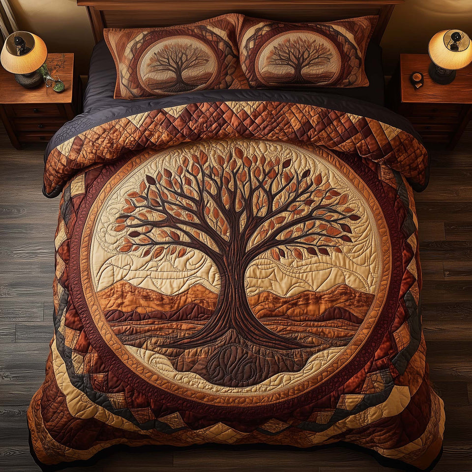Tree Of Life Terracotta Circle Cream Center quilted bedding set, quilt and two pillow shams on a made bed