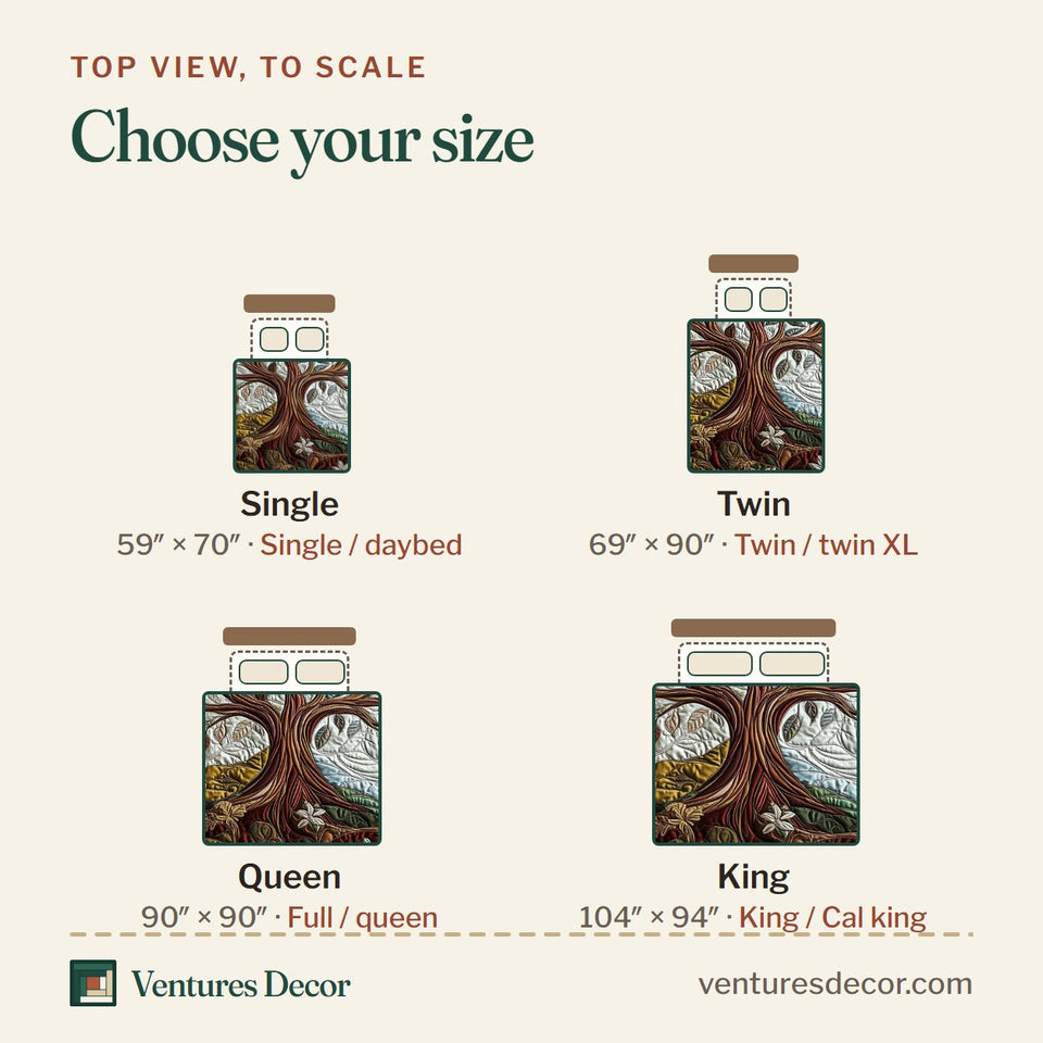 Size guide for the Tree Of Life White Blossoms Teal Border quilt, top view to scale: Single 59 x 70 in, Twin 69 x 90 in, Queen 90 x 90 in, King 104 x 94 in