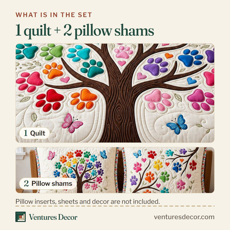 What is in the set: one quilt and two pillow shams, shown in the Tree of Paw design