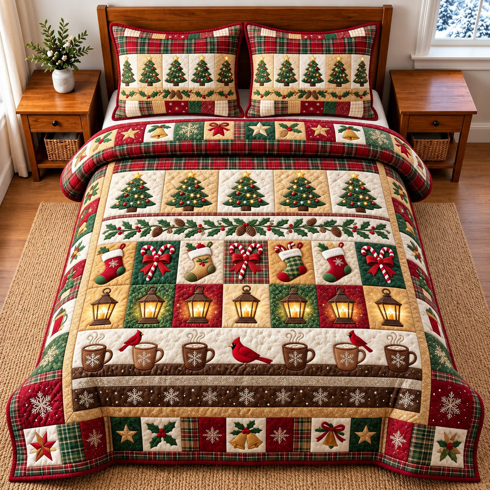 Tree Patchwork quilted bedding set, quilt and two pillow shams on a made bed