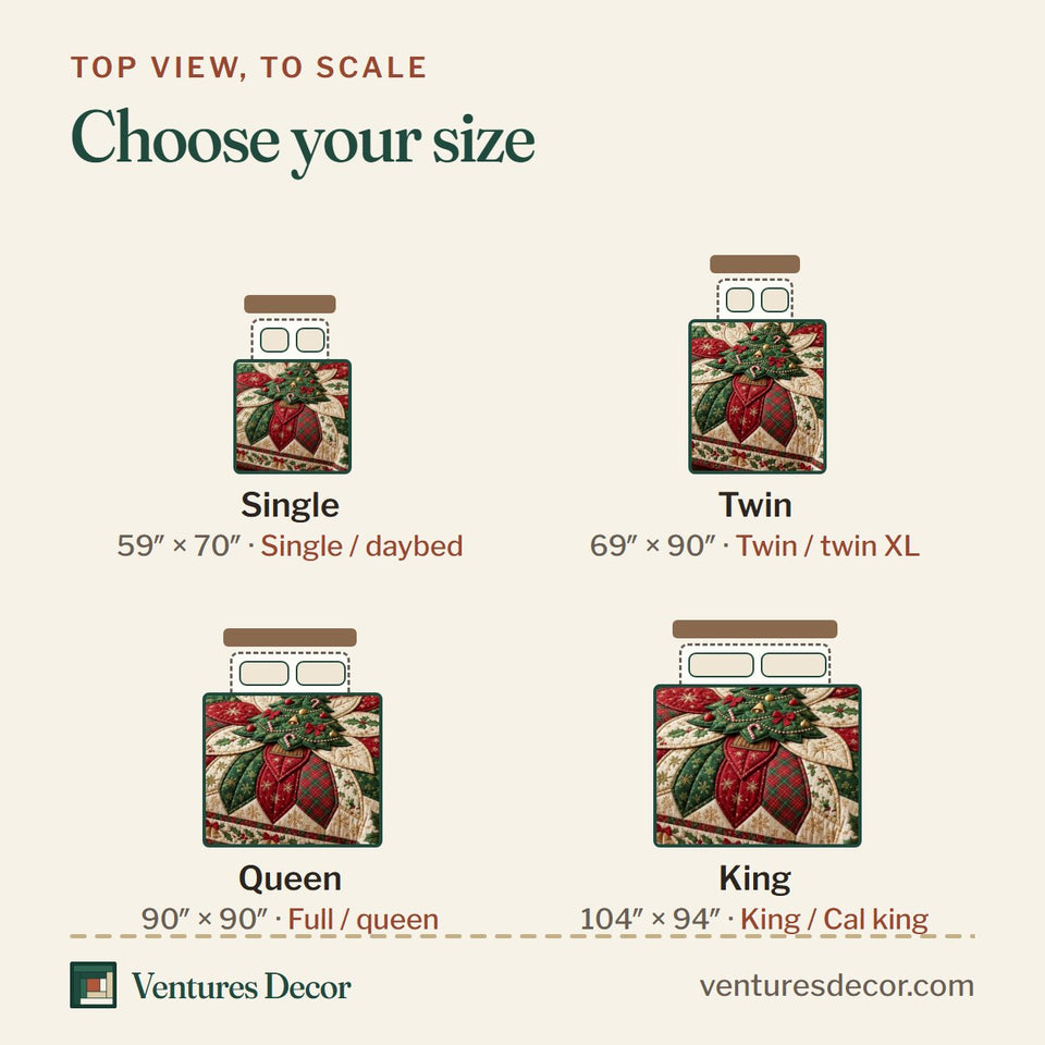 Size guide for the Tree Poinsettia quilt, top view to scale: Single 59 x 70 in, Twin 69 x 90 in, Queen 90 x 90 in, King 104 x 94 in