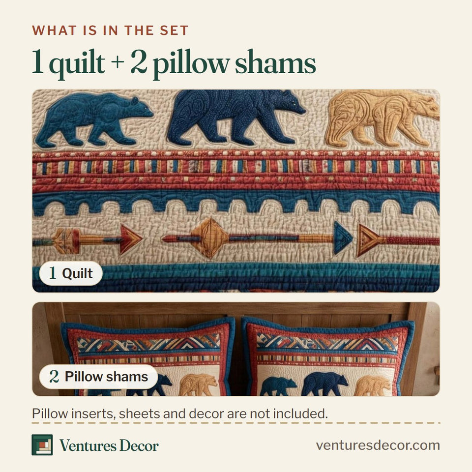 What is in the set: one quilt and two pillow shams, shown in the Tribal Bear Row design