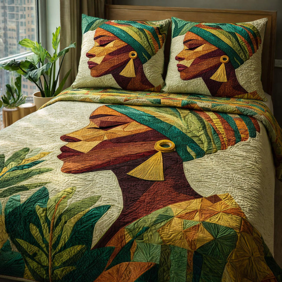 Tribal Feminine Harmony quilted bedding set, quilt and two pillow shams on a made bed