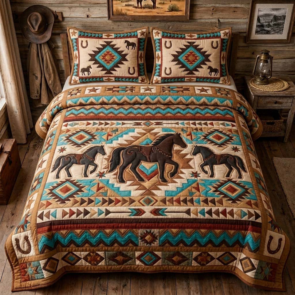 Tribal Horse Herd quilted bedding set, quilt and two pillow shams on a made bed