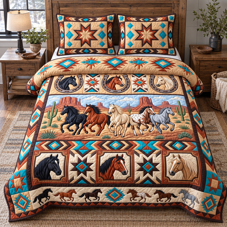 Tribal Horse Spirit in Tan quilted bedding set, quilt and two pillow shams on a made bed