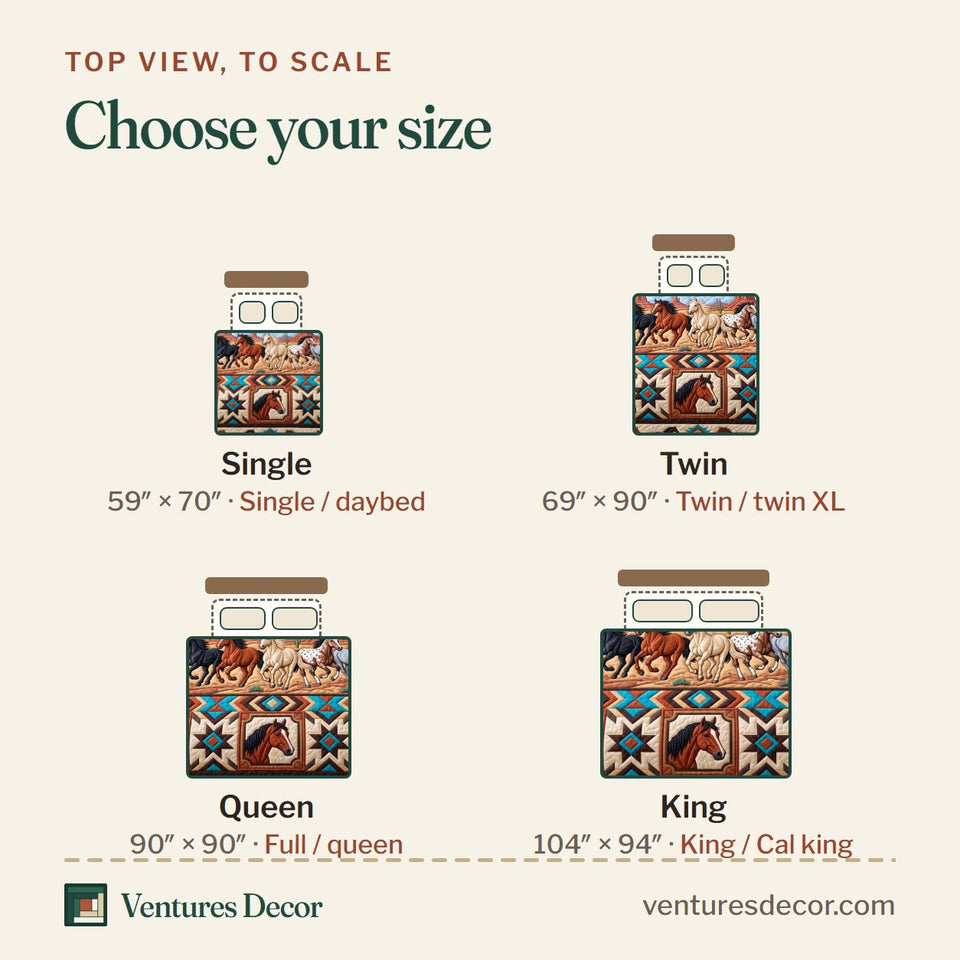 Size guide for the Tribal Horse Spirit in Tan quilt, top view to scale: Single 59 x 70 in, Twin 69 x 90 in, Queen 90 x 90 in, King 104 x 94 in