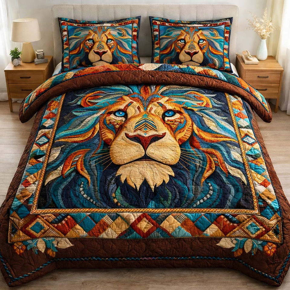 Tribal Lionheart quilted bedding set, quilt and two pillow shams on a made bed