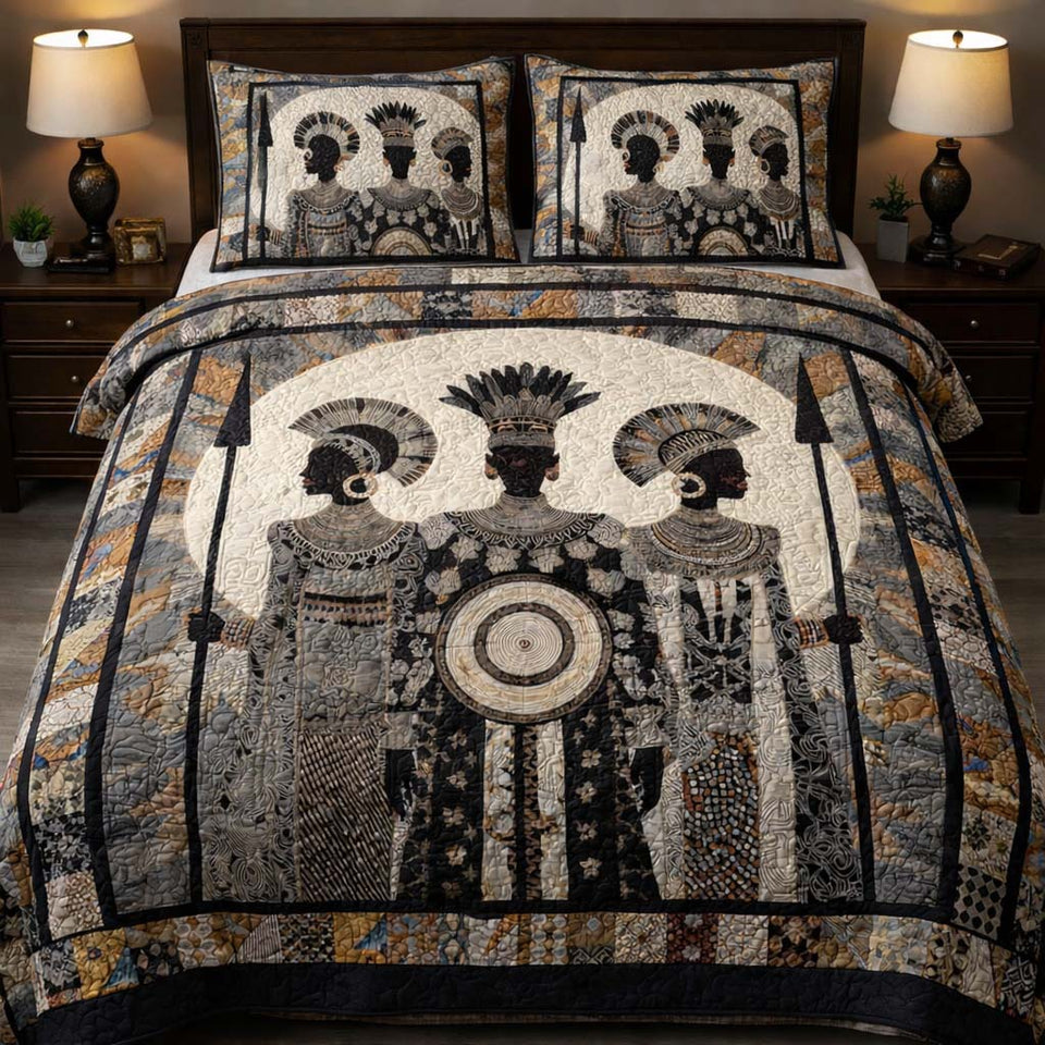 Tribal Moon Warriors quilted bedding set, quilt and two pillow shams on a made bed