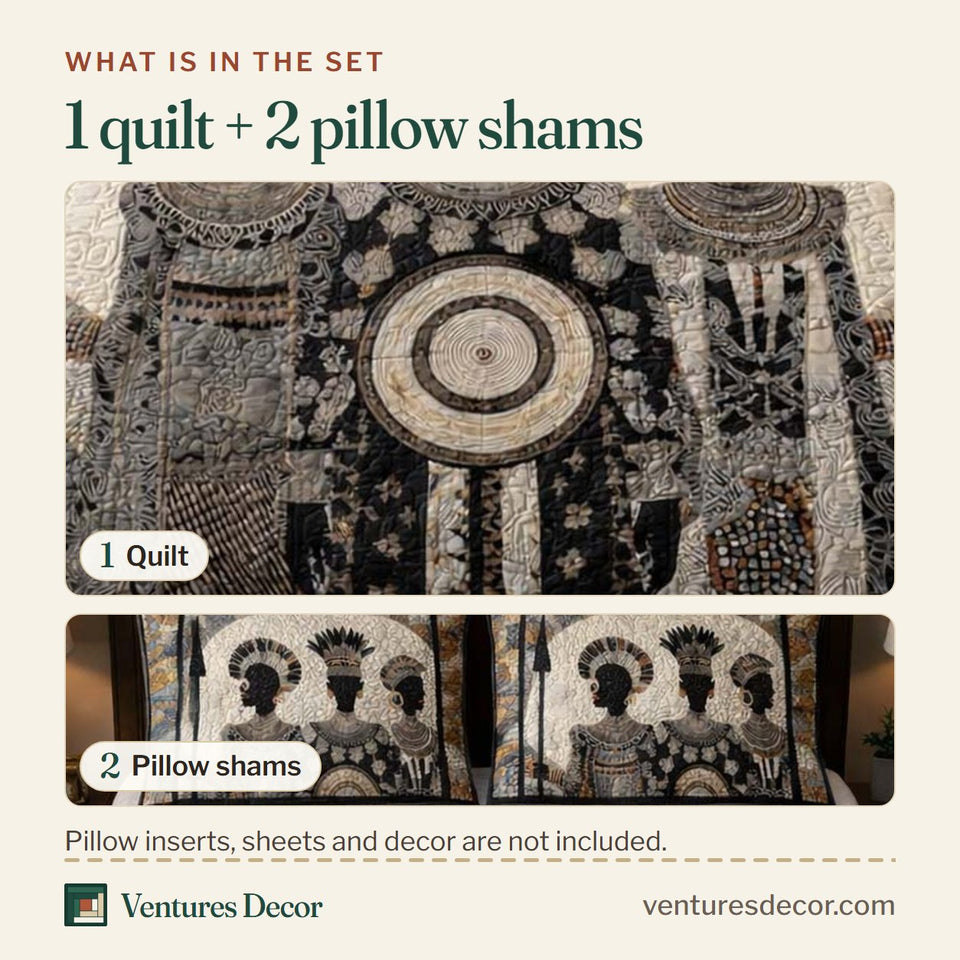 What is in the set: one quilt and two pillow shams, shown in the Tribal Moon Warriors design