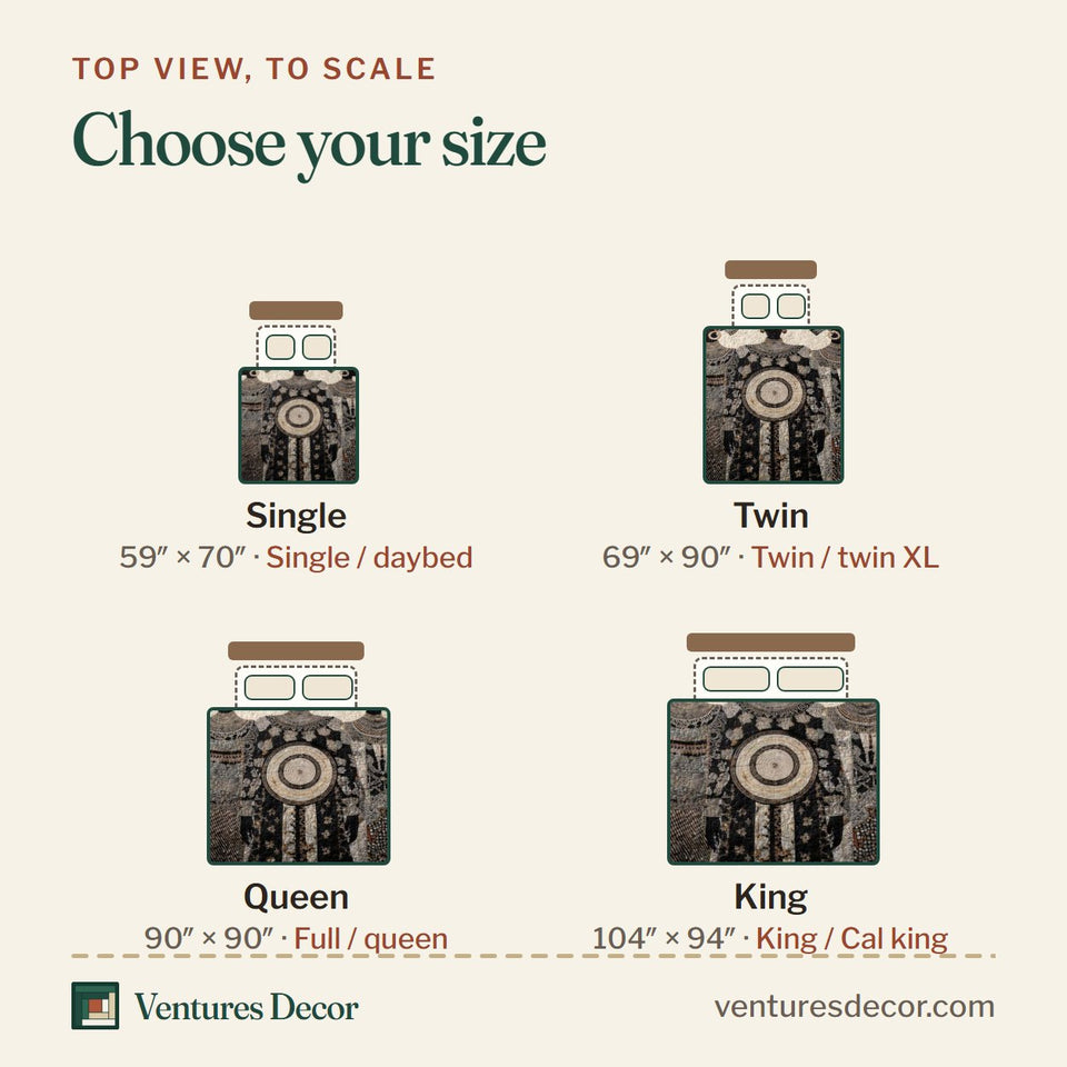 Size guide for the Tribal Moon Warriors quilt, top view to scale: Single 59 x 70 in, Twin 69 x 90 in, Queen 90 x 90 in, King 104 x 94 in