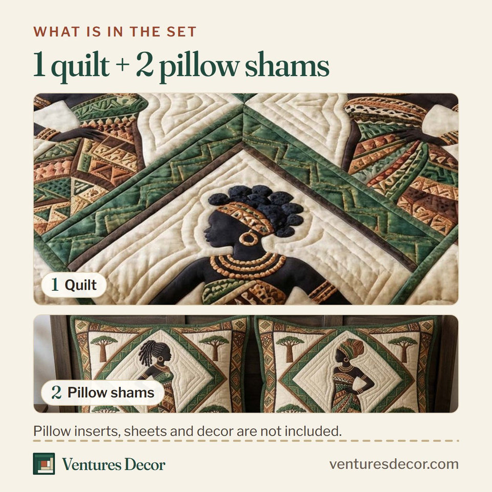 What is in the set: one quilt and two pillow shams, shown in the Tribal Silhouette design