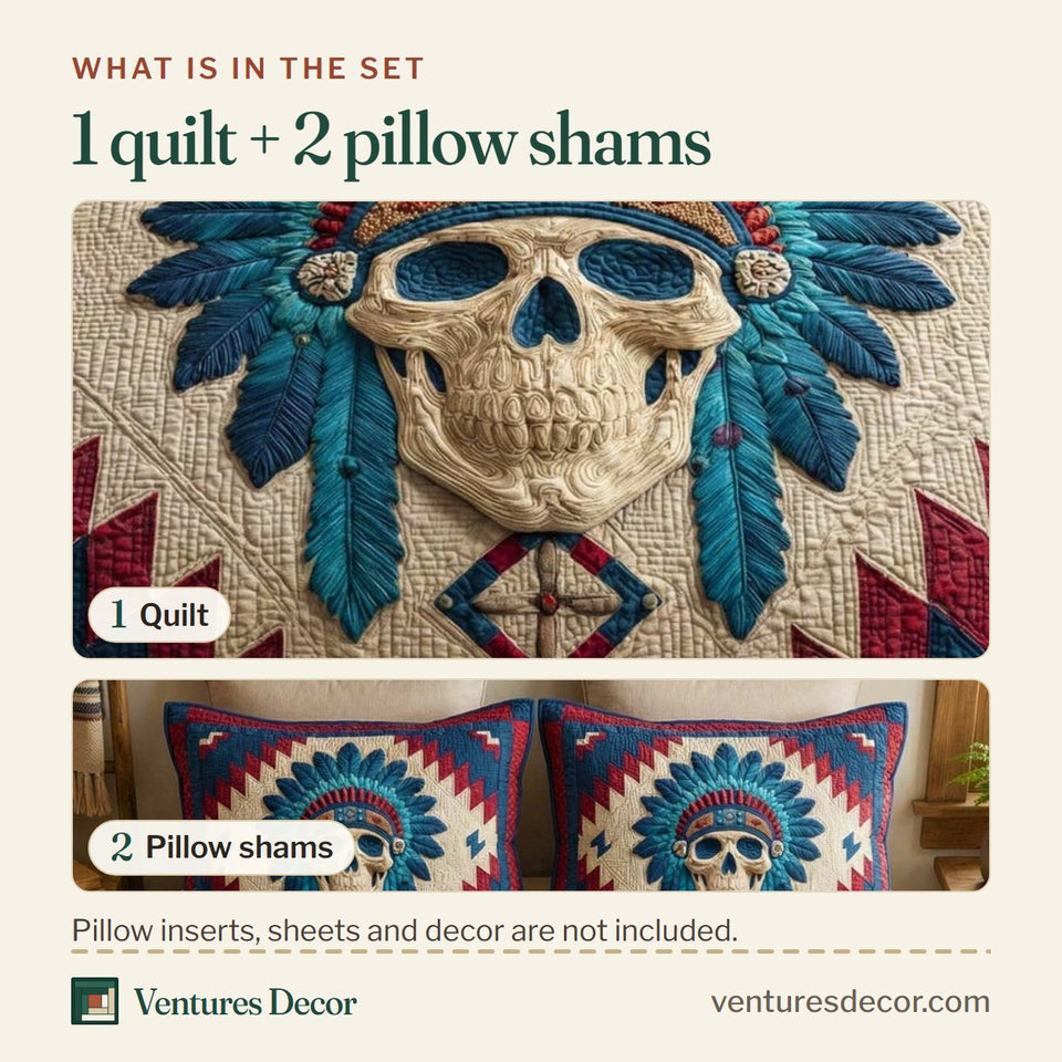 What is in the set: one quilt and two pillow shams, shown in the Tribal Skull design