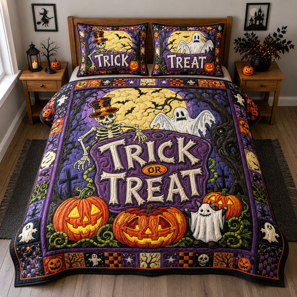 Trick Or Treat Graveyard quilted bedding set, quilt and two pillow shams on a made bed