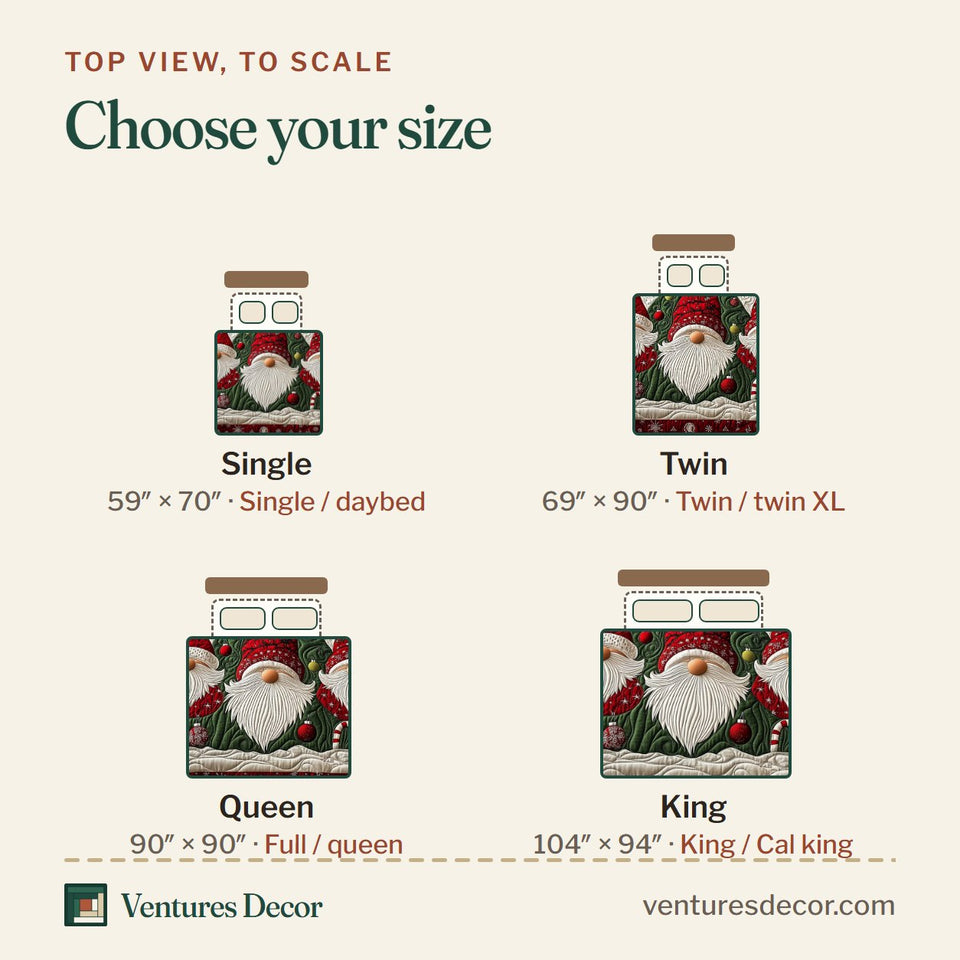 Size guide for the Trio Gnomes quilt, top view to scale: Single 59 x 70 in, Twin 69 x 90 in, Queen 90 x 90 in, King 104 x 94 in