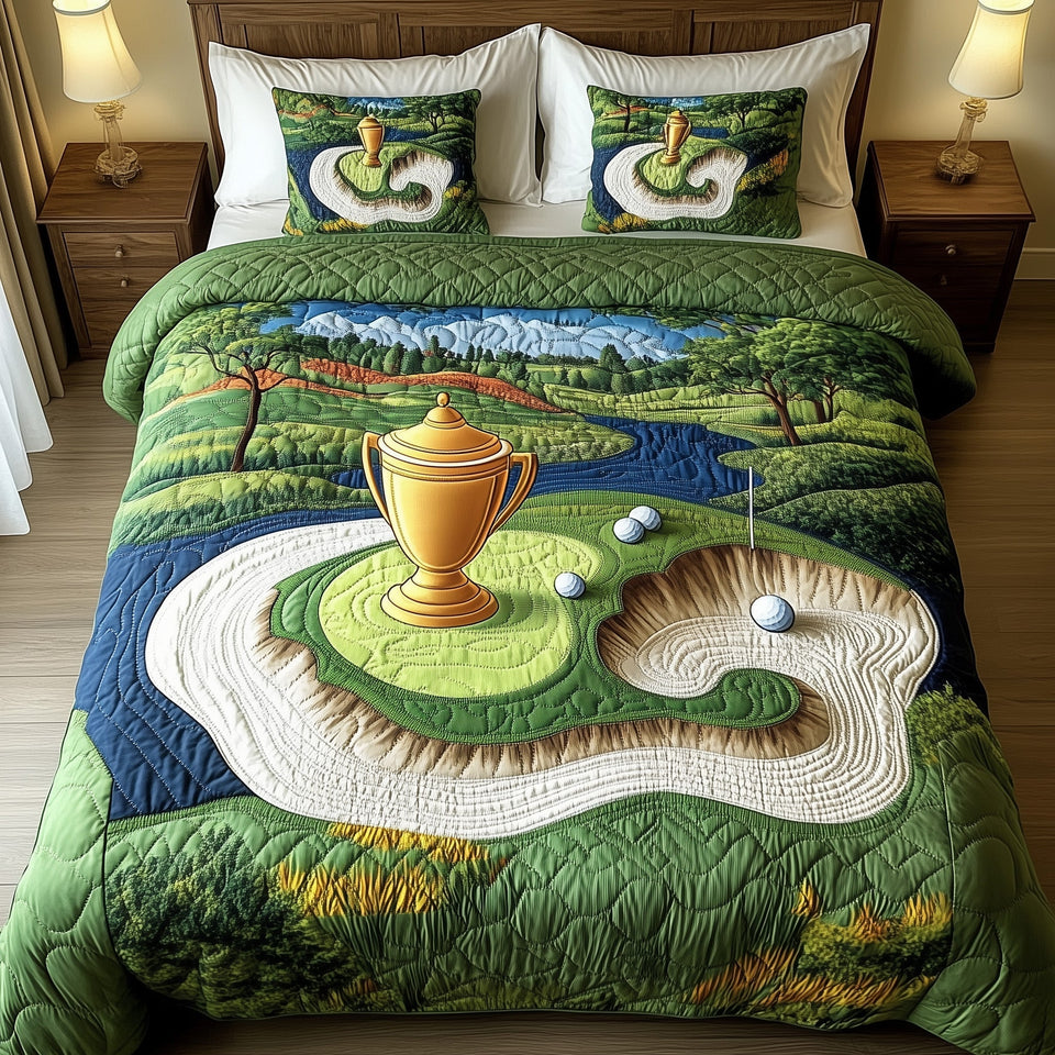 Trophy Dreams quilted bedding set, quilt and two pillow shams on a made bed