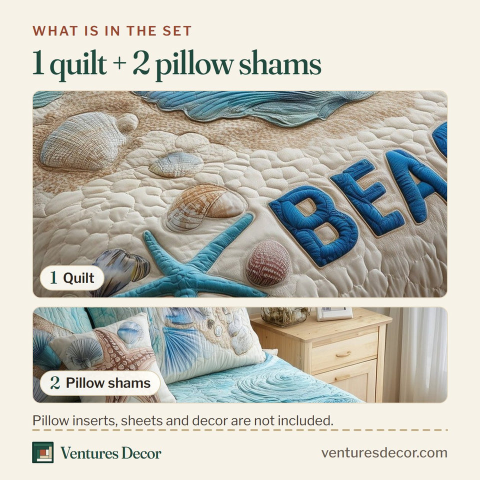 What is in the set: one quilt and two pillow shams, shown in the Tropical Beach Scallop Shell And Starfish Sand design