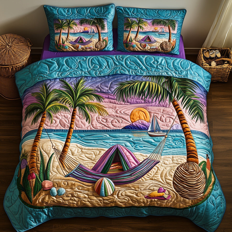 Tropical Beach Vibe quilted bedding set, quilt and two pillow shams on a made bed