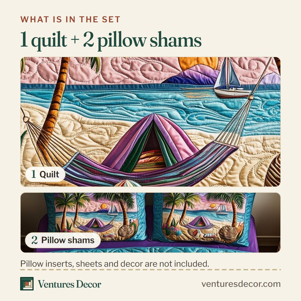 What is in the set: one quilt and two pillow shams, shown in the Tropical Beach Vibe design