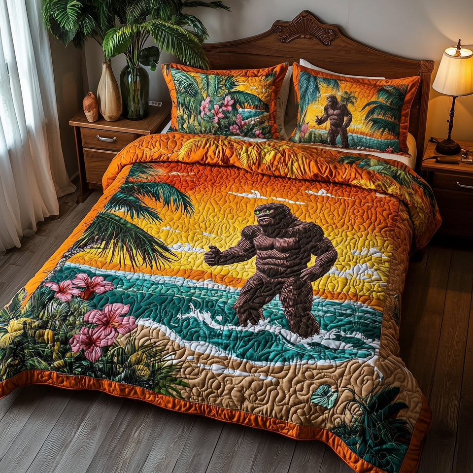 Tropical Bigfoot Sunset Surf quilted bedding set, quilt and two pillow shams on a made bed