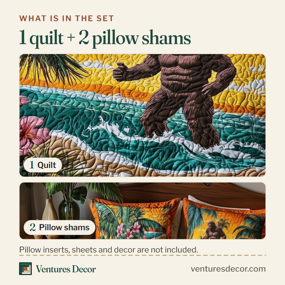 What is in the set: one quilt and two pillow shams, shown in the Tropical Bigfoot Sunset Surf design