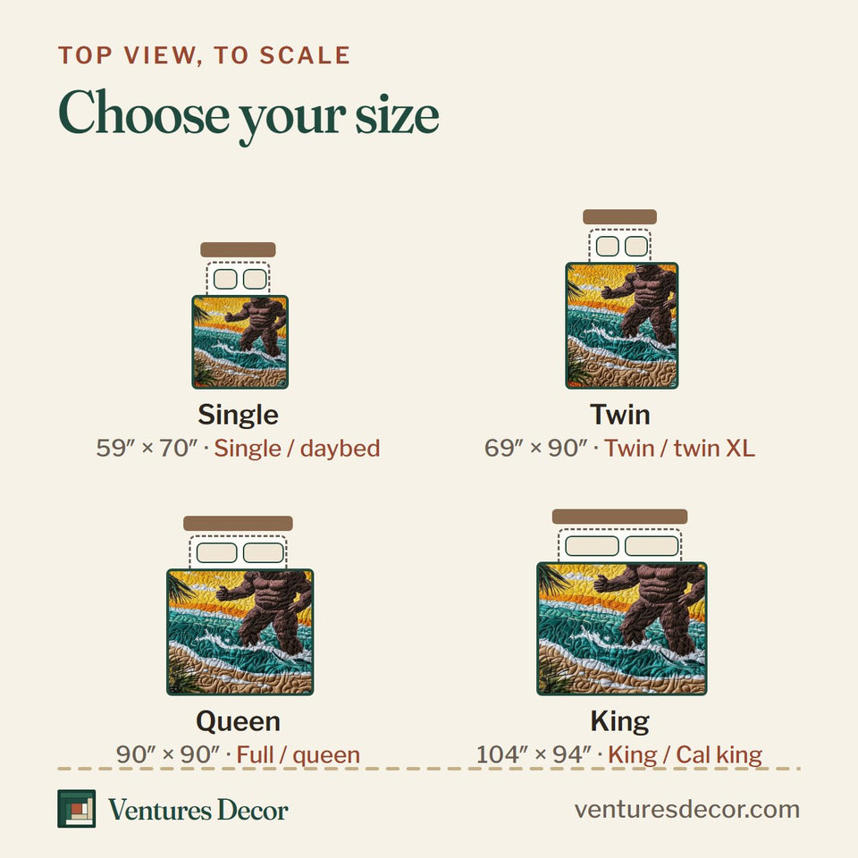 Size guide for the Tropical Bigfoot Sunset Surf quilt, top view to scale: Single 59 x 70 in, Twin 69 x 90 in, Queen 90 x 90 in, King 104 x 94 in