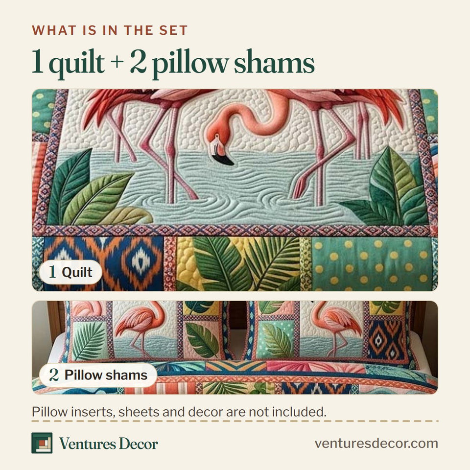 What is in the set: one quilt and two pillow shams, shown in the Tropical Flamingo Pattern Mix design