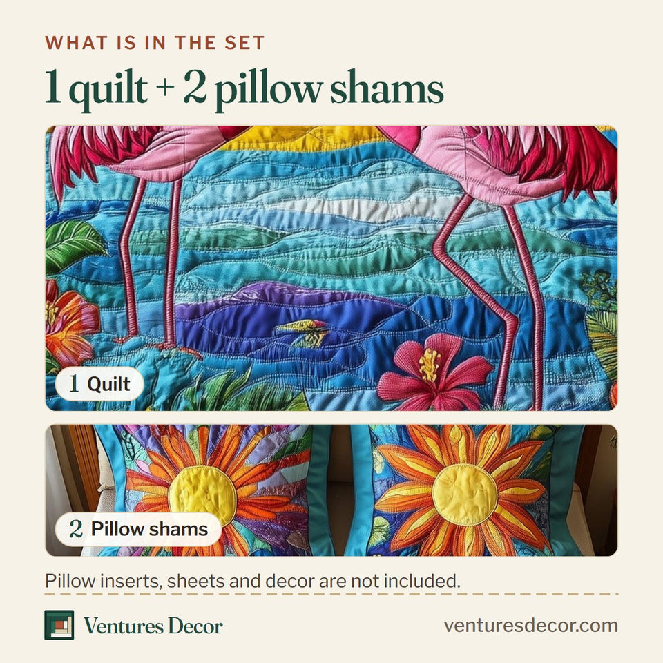 What is in the set: one quilt and two pillow shams, shown in the Tropical Flamingo Wildflower Marsh Sunflower Shams design