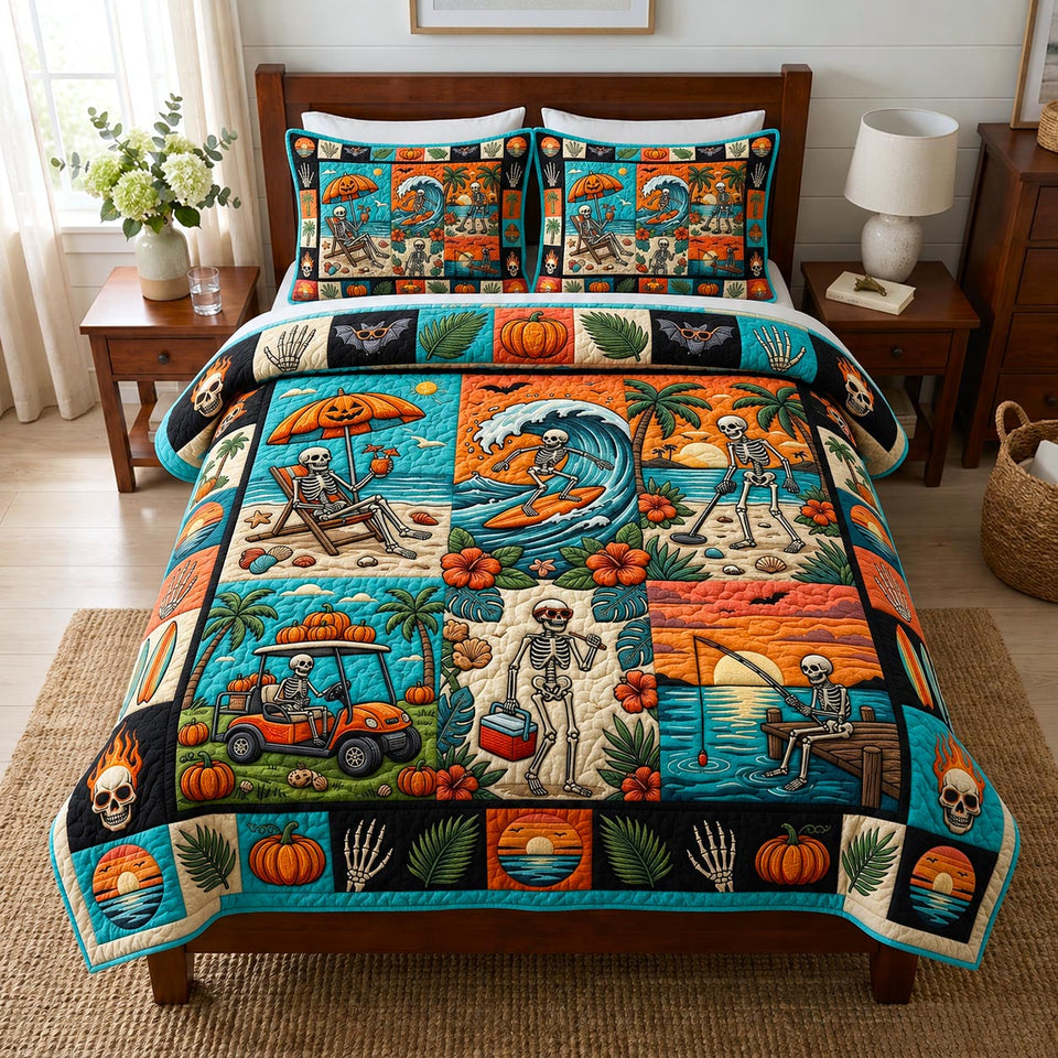 Tropical Haunt Teal Patchwork Beach Blocks quilted bedding set, quilt and two pillow shams on a made bed
