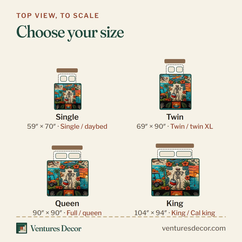 Size guide for the Tropical Haunt Teal Patchwork Beach Blocks quilt, top view to scale: Single 59 x 70 in, Twin 69 x 90 in, Queen 90 x 90 in, King 104 x 94 in