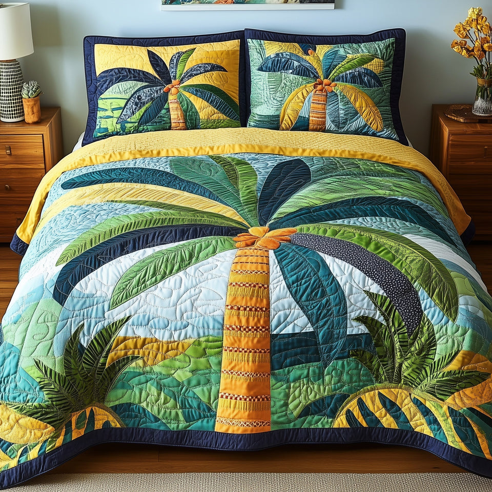 Tropical Heaven Patchwork Sky Behind Tall Palm quilted bedding set, quilt and two pillow shams on a made bed
