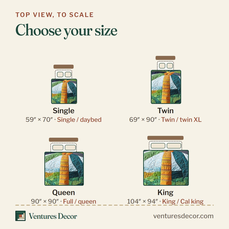 Size guide for the Tropical Heaven Patchwork Sky Behind Tall Palm quilt, top view to scale: Single 59 x 70 in, Twin 69 x 90 in, Queen 90 x 90 in, King 104 x 94 in