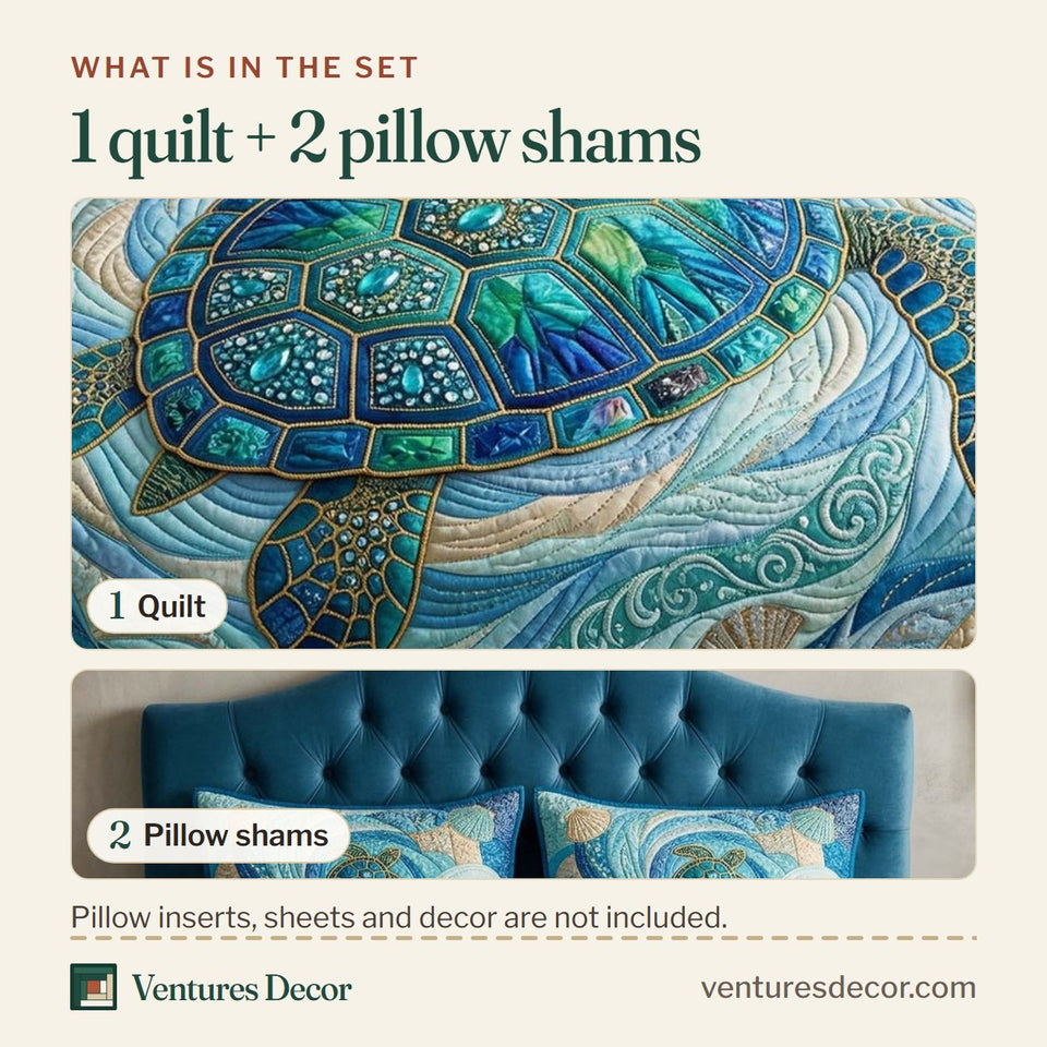 What is in the set: one quilt and two pillow shams, shown in the Tropical Mandala design