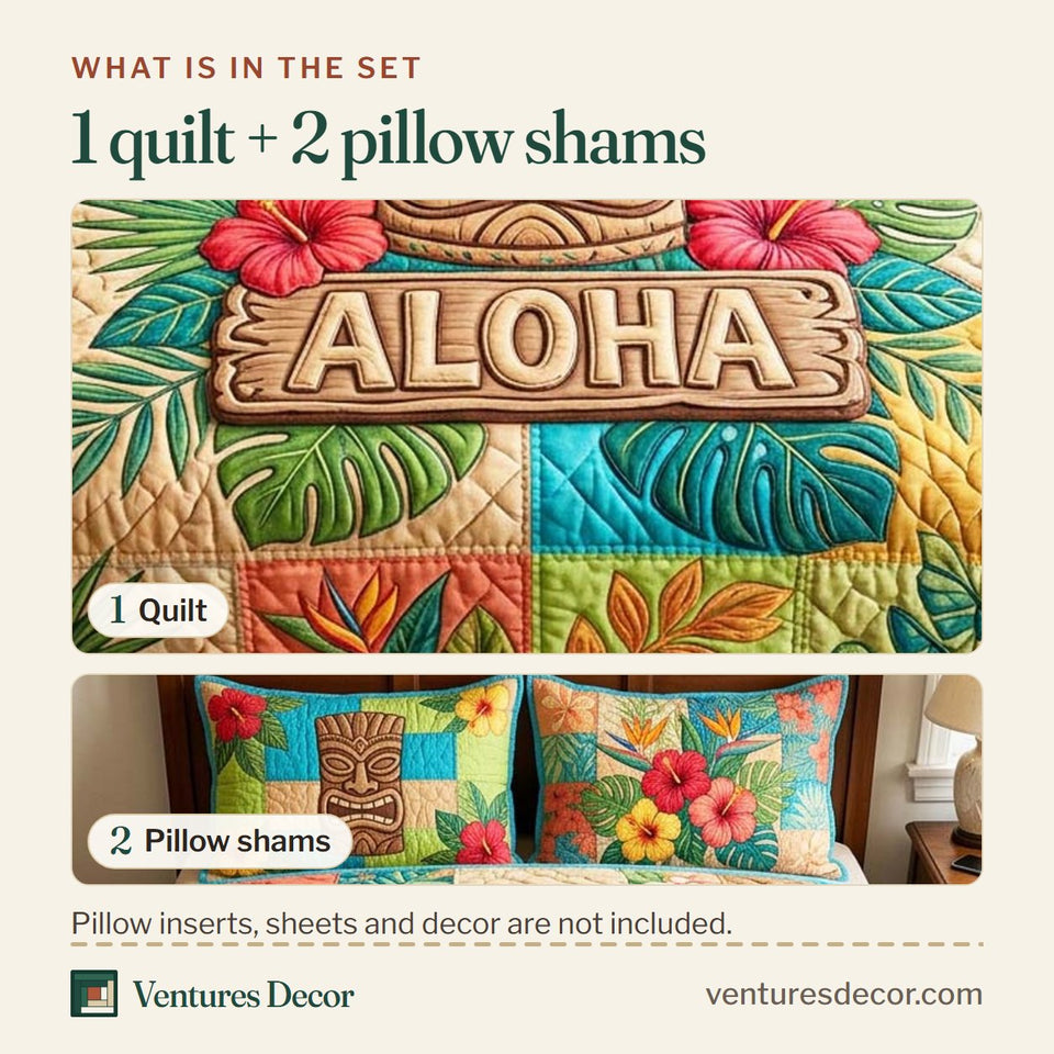 What is in the set: one quilt and two pillow shams, shown in the Tropical Mask design