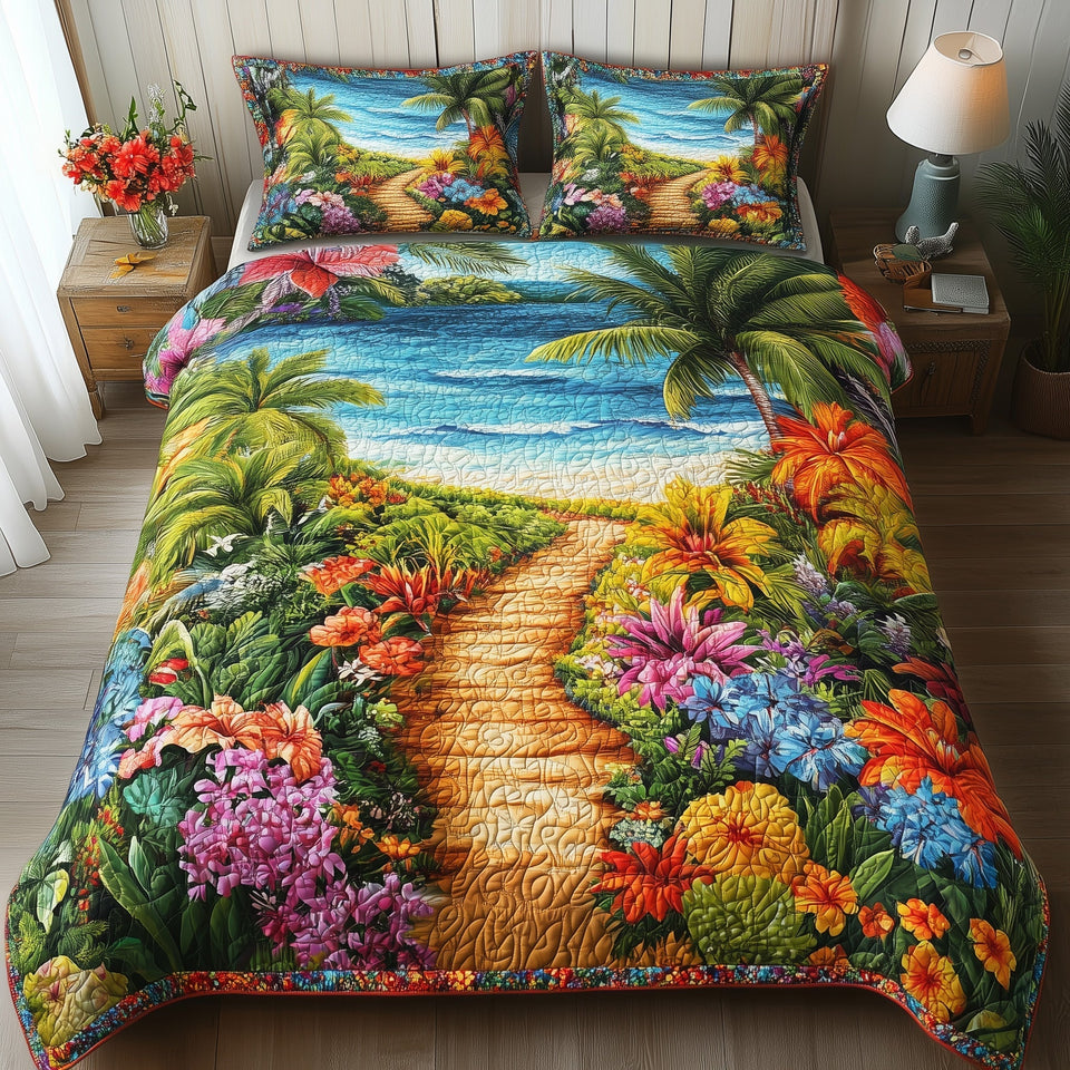 Tropical Path Sandy Trail Through Blossoms To Shore quilted bedding set, quilt and two pillow shams on a made bed