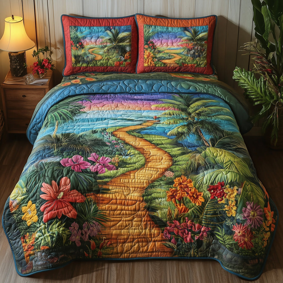 Tropical Path Winding Golden Trail Teal Border quilted bedding set, quilt and two pillow shams on a made bed