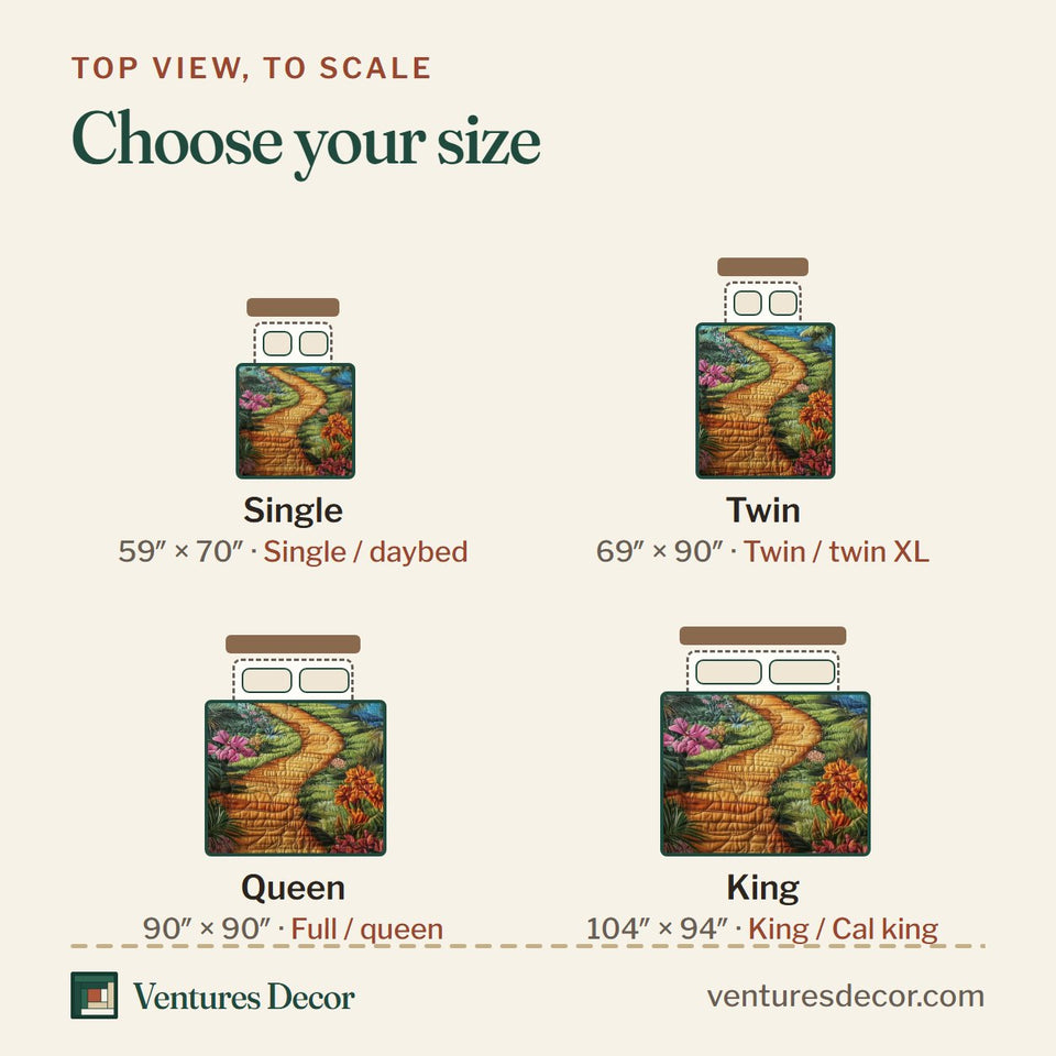 Size guide for the Tropical Path Winding Golden Trail Teal Border quilt, top view to scale: Single 59 x 70 in, Twin 69 x 90 in, Queen 90 x 90 in, King 104 x 94 in