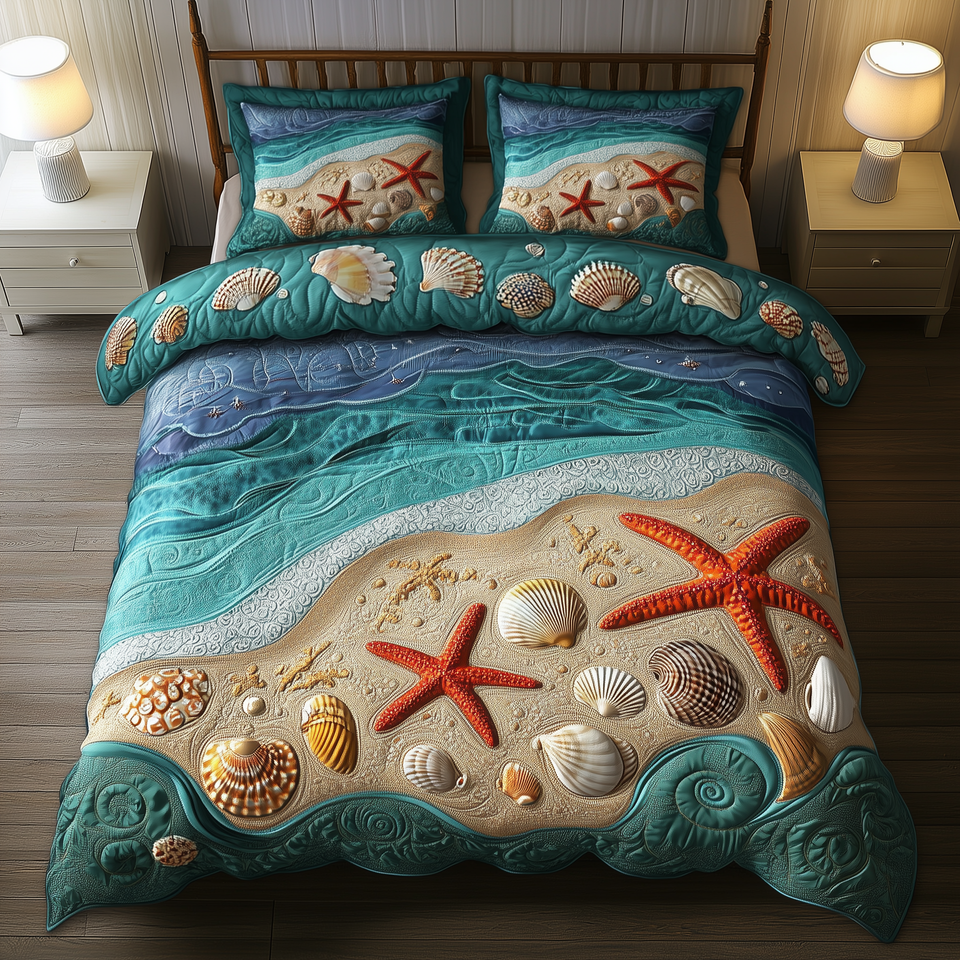 Tropical Seashell Symphony quilted bedding set, quilt and two pillow shams on a made bed