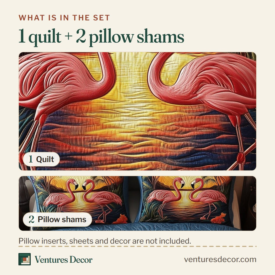 What is in the set: one quilt and two pillow shams, shown in the Tropical Sunset Flamingo design