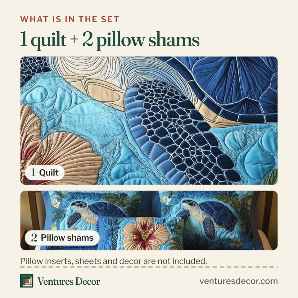 What is in the set: one quilt and two pillow shams, shown in the Tropical Turtle Dreams Deep Blue Swim With Hibiscus design