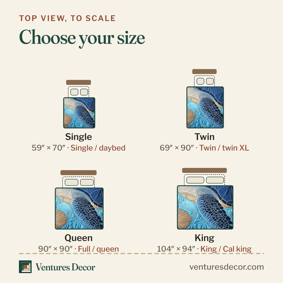 Size guide for the Tropical Turtle Dreams Deep Blue Swim With Hibiscus quilt, top view to scale: Single 59 x 70 in, Twin 69 x 90 in, Queen 90 x 90 in, King 104 x 94 in