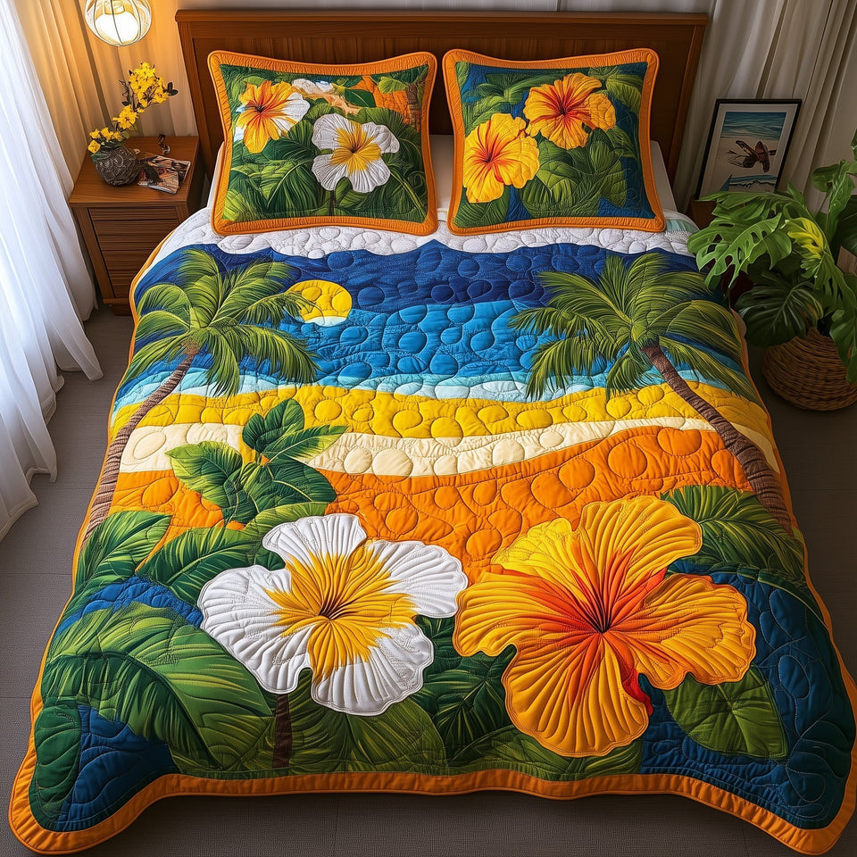Tropical Vibe White And Yellow Hibiscus Sand Bands quilted bedding set, quilt and two pillow shams on a made bed