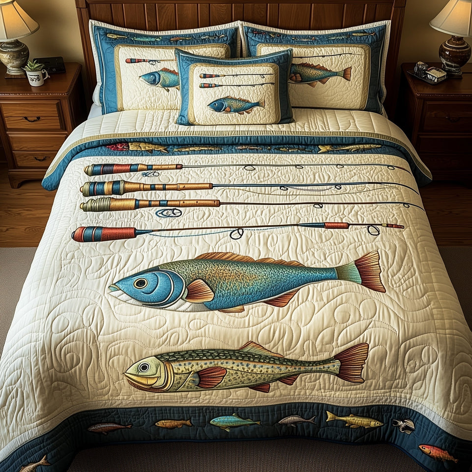 Trout And Tackle Rods quilted bedding set, quilt and two pillow shams on a made bed
