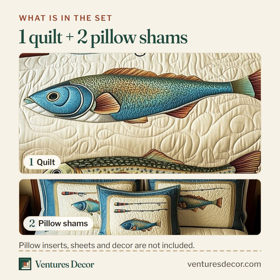 What is in the set: one quilt and two pillow shams, shown in the Trout And Tackle Rods design