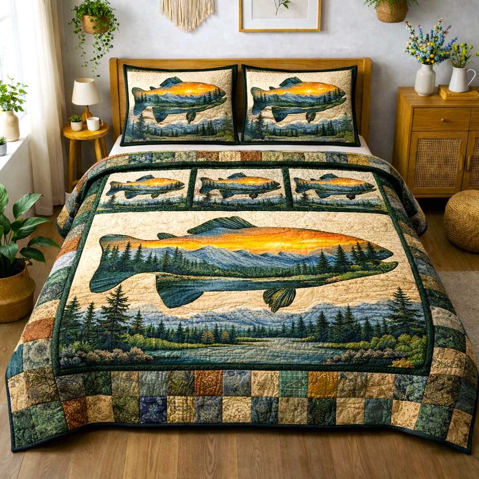 Trout Vista Wilderness quilted bedding set, quilt and two pillow shams on a made bed