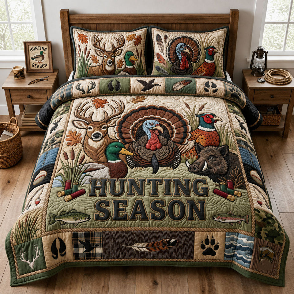 Turkey Lodge Hunting Season quilted bedding set, quilt and two pillow shams on a made bed
