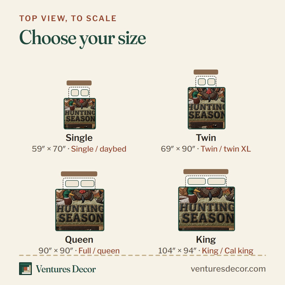 Size guide for the Turkey Lodge Hunting Season quilt, top view to scale: Single 59 x 70 in, Twin 69 x 90 in, Queen 90 x 90 in, King 104 x 94 in