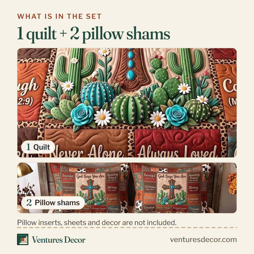 What is in the set: one quilt and two pillow shams, shown in the Turquoise Cross Cactus Verses design